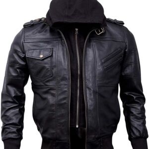 Mens Genuine Black Hooded Bomber Leather Jacket Large
